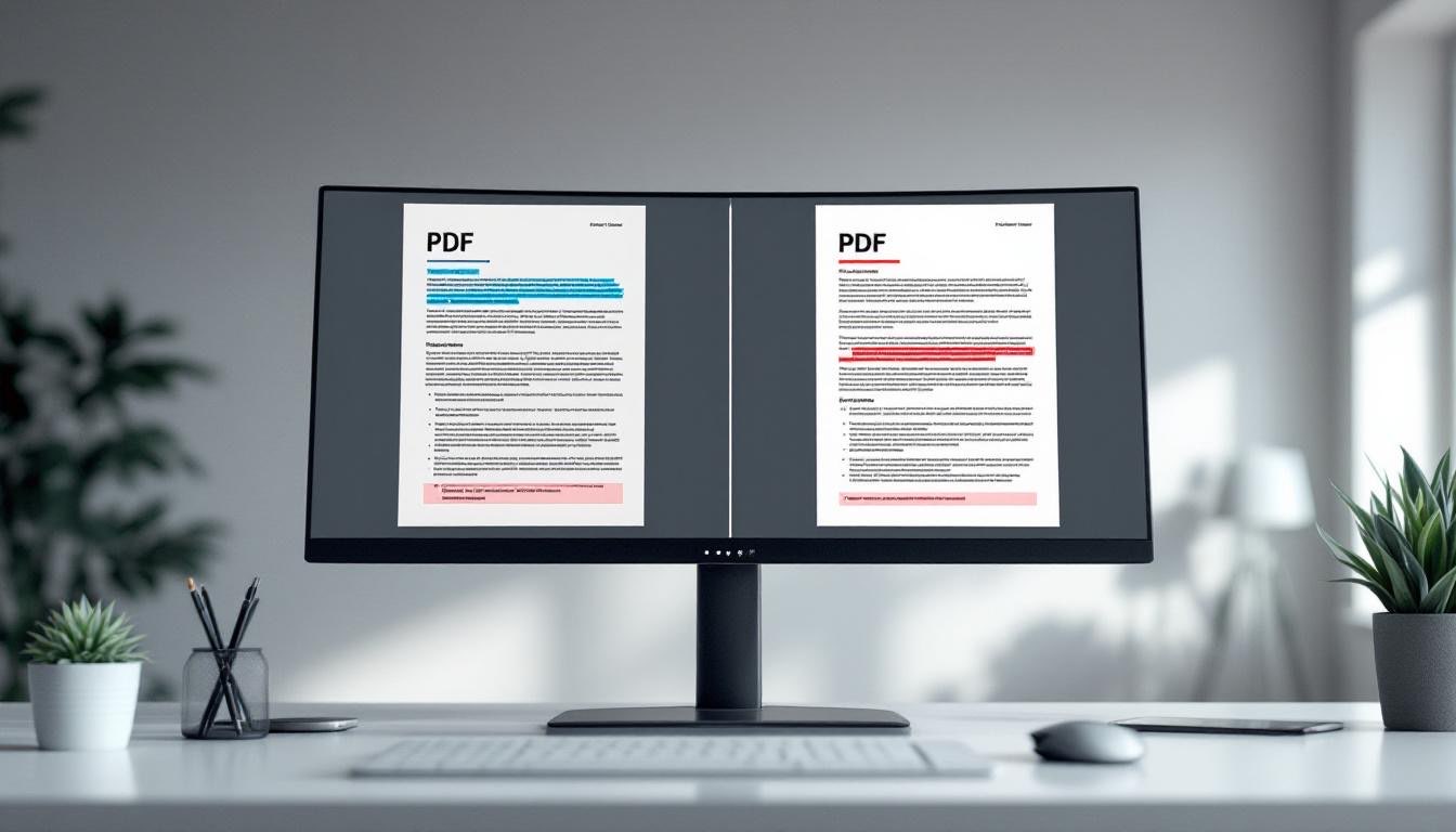 Two PDF documents displayed side by side on a monitor with highlighted differences